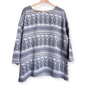 Pure Jill Hemp Blend Fair Aisle Print 3/4 Sleeve Lagenlook Tunic Women's Size XL